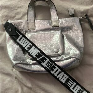Silver Tote Bag with Black Strap